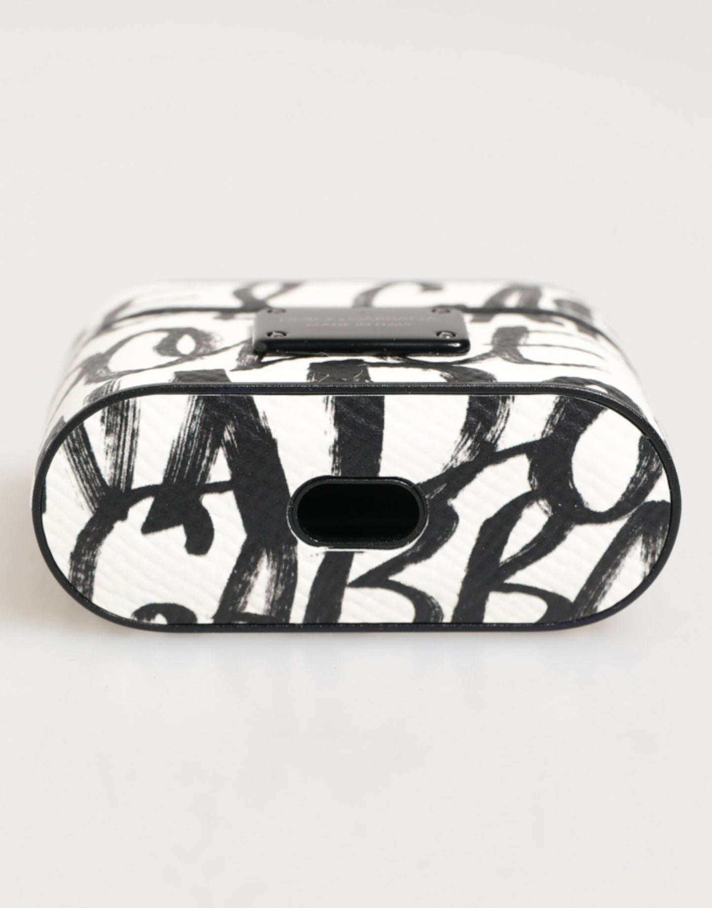 Dolce &amp; Gabbana Airpods-Hülle aus schwarz-weißem Leder mit Monogramm-Print und Logo