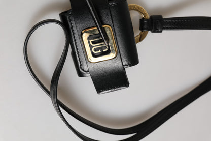 Dolce &amp; Gabbana – Airpods-Hülle mit schwarzem Lederarmband und goldenem DG-Logo-Schild aus Metall