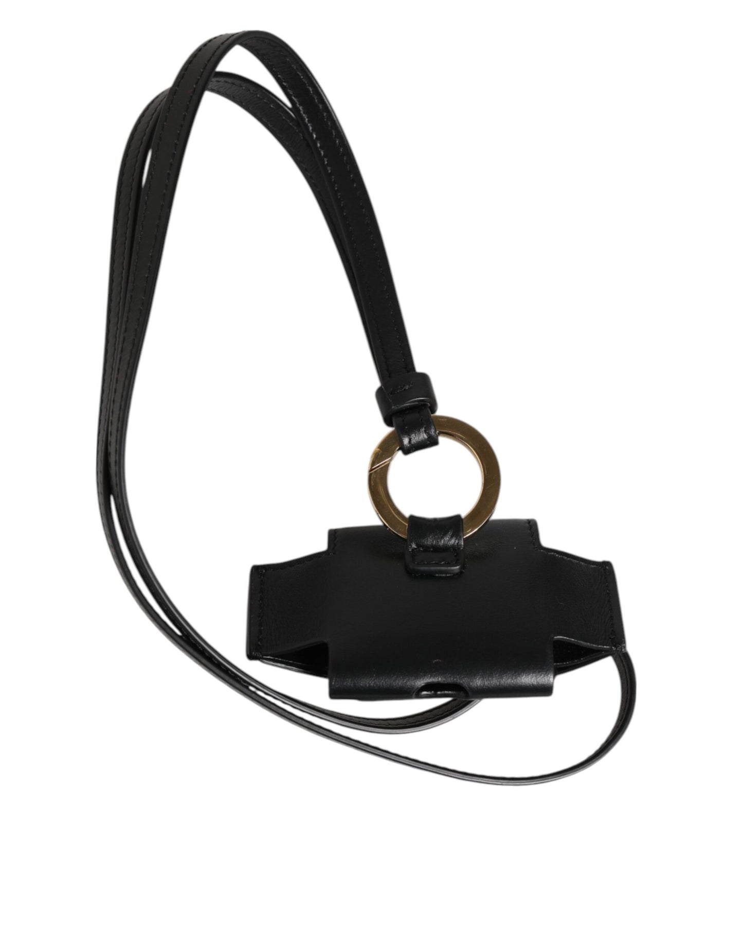 Dolce &amp; Gabbana – Airpods-Hülle mit schwarzem Lederarmband und goldenem DG-Logo-Schild aus Metall