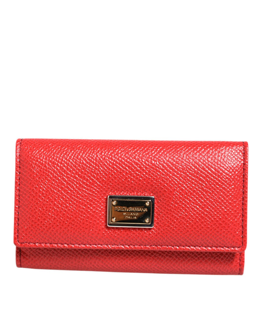 Dolce & Gabbana Red Leather Silver Metal Logo Plaque Trifold  Key Holder