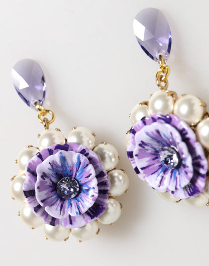 Dolce &amp; Gabbana – Statement-Ohrclips mit violettem Blumenmuster und Kristallperlen