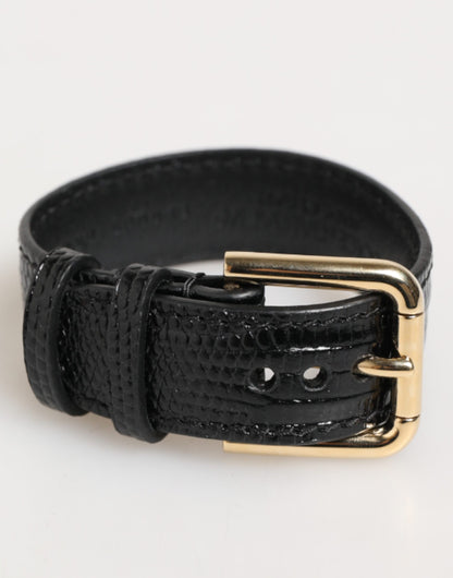 Dolce &amp; Gabbana – Gürtelarmband aus schwarzem geprägtem Leder mit goldener Schnalle