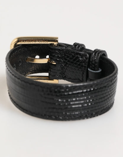 Dolce &amp; Gabbana – Gürtelarmband aus schwarzem geprägtem Leder mit goldener Schnalle
