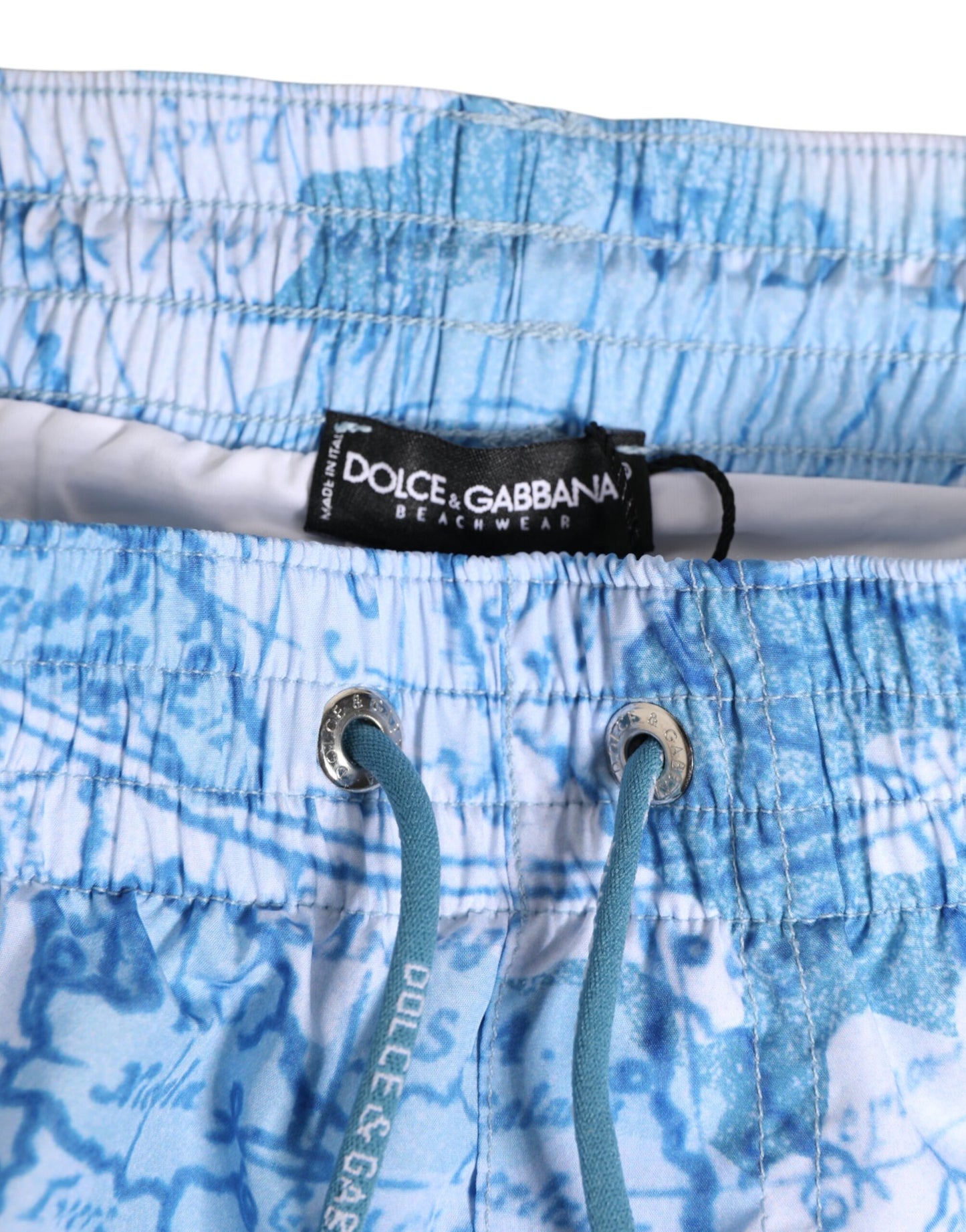 Dolce &amp; Gabbana – Blaue Bademode aus Polyester mit elastischem Bund und Weltkarte