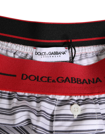 Dolce &amp; Gabbana – Badeshorts aus weiß gestreifter Baumwolle mit rotem Bund