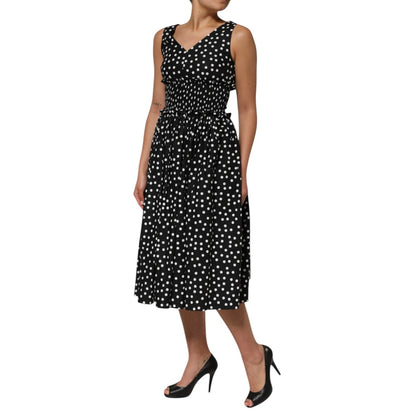 Dolce & Gabbana Black White Cotton Polka Dot Print V Neck Dress