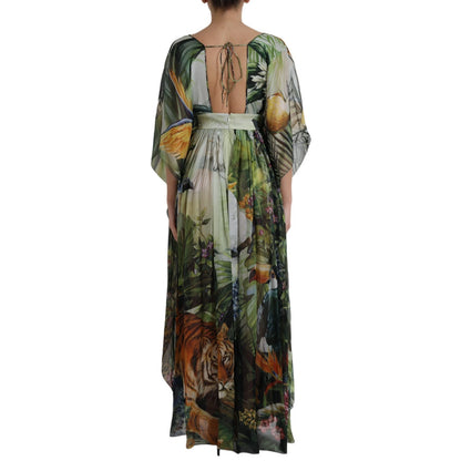 Dolce &amp; Gabbana – Mehrfarbiges Maxikleid aus Seide mit Dschungel-Print für Damen