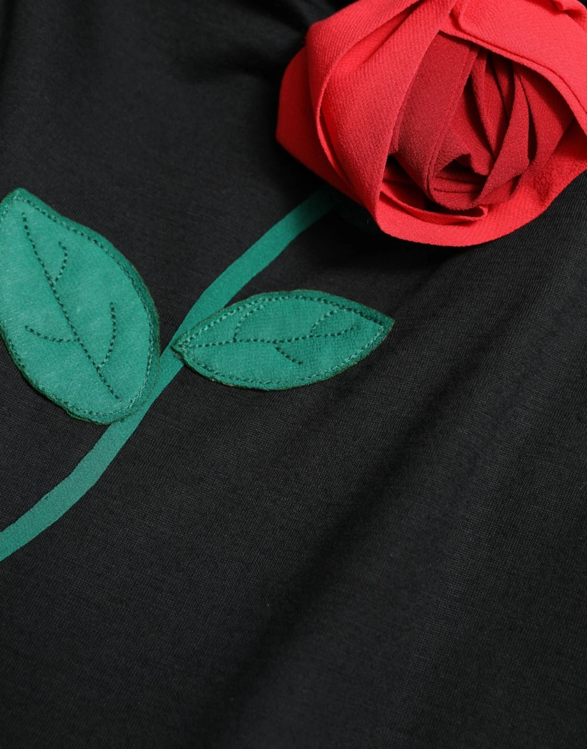 Dolce &amp; Gabbana – Ärmelloses Kleid aus schwarzer Wolle mit Rosenapplikation