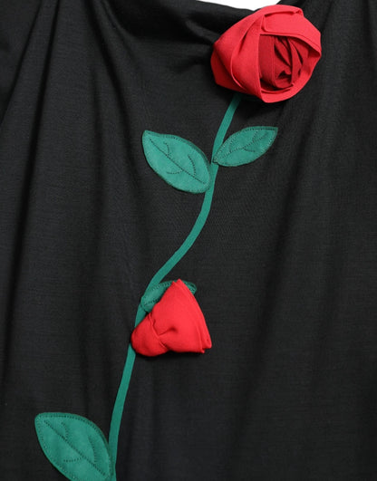 Dolce &amp; Gabbana – Ärmelloses Kleid aus schwarzer Wolle mit Rosenapplikation