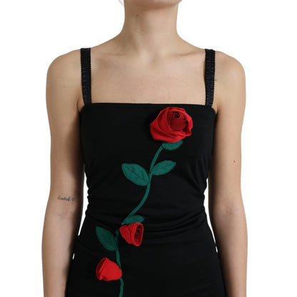 Dolce &amp; Gabbana – Ärmelloses Kleid aus schwarzer Wolle mit Rosenapplikation