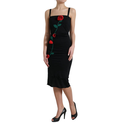 Dolce &amp; Gabbana – Ärmelloses Kleid aus schwarzer Wolle mit Rosenapplikation