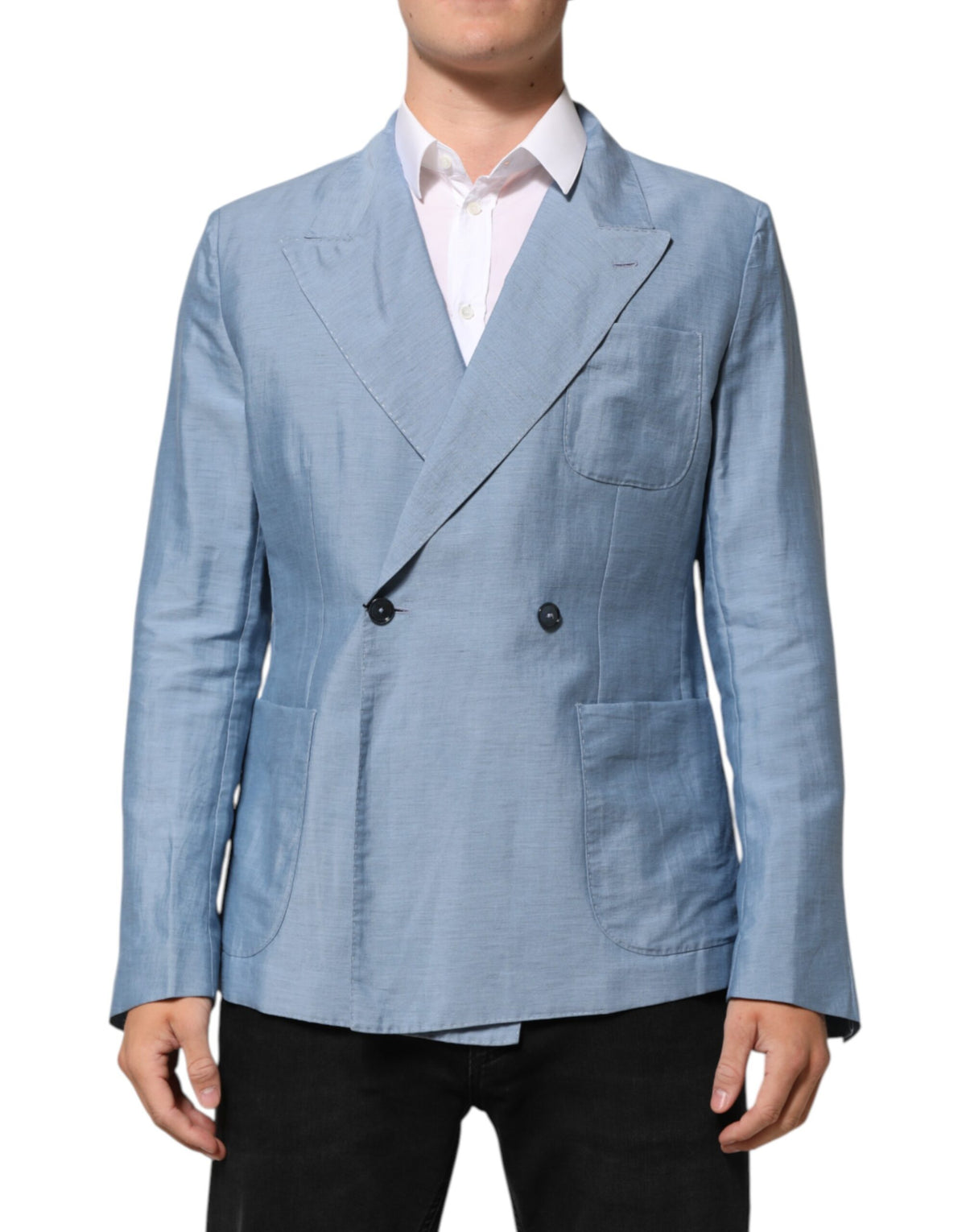Dolce &amp; Gabbana Hellblauer Leinen-Zweireiher-Blazer für Herren