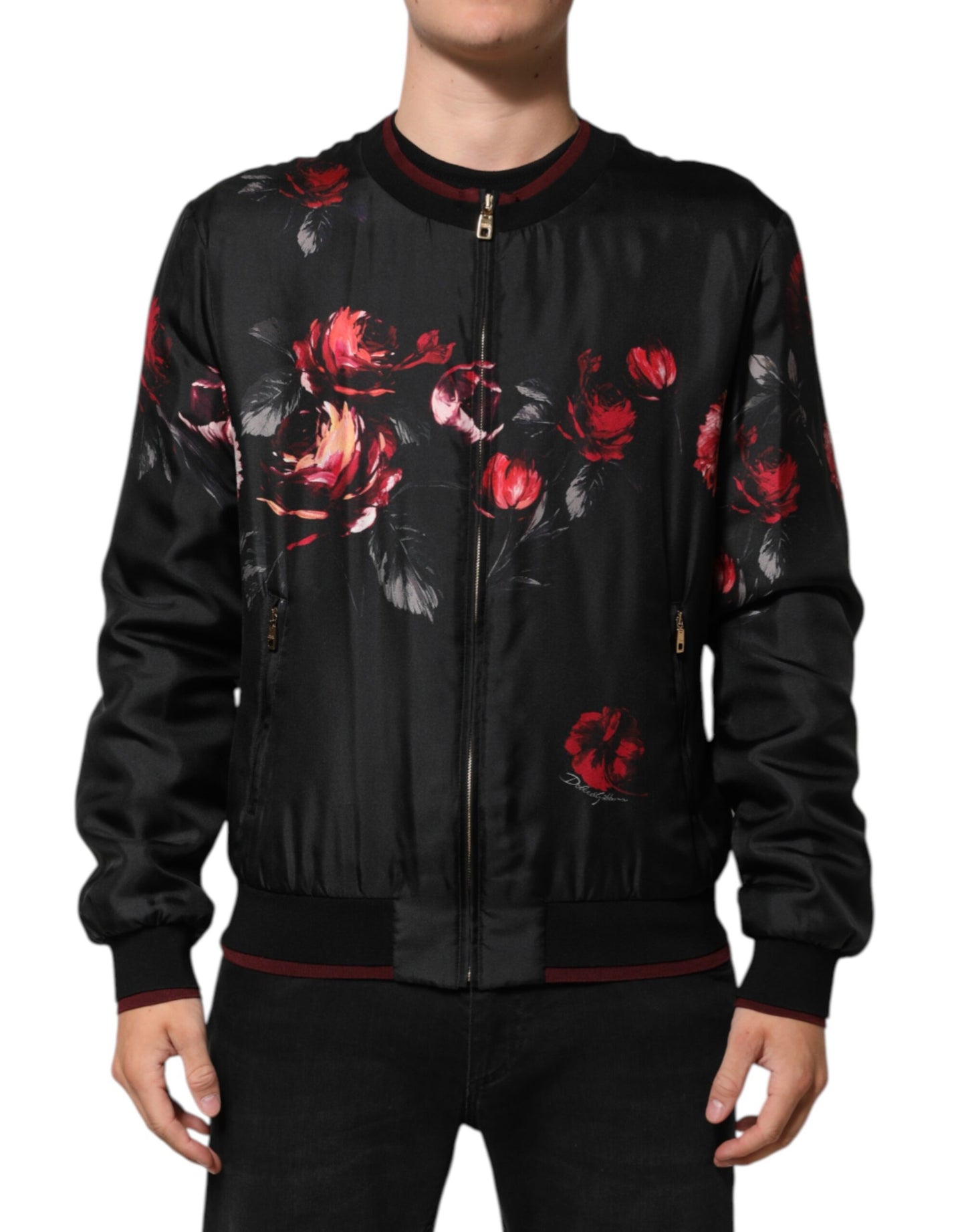 Dolce &amp; Gabbana – Bomber-Blousonjacke aus Seide mit Blumenmuster in Schwarz und Rot