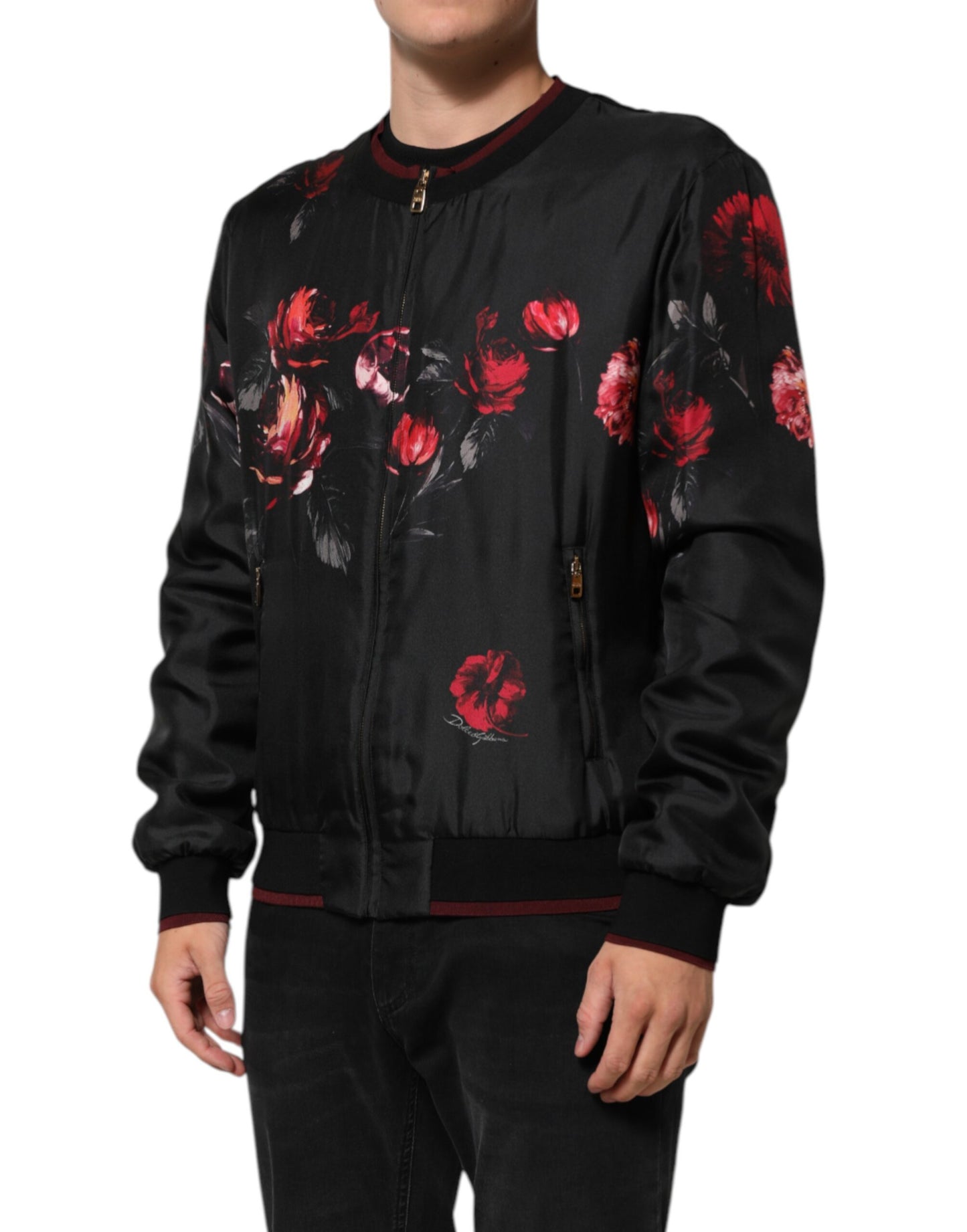 Dolce &amp; Gabbana – Bomber-Blousonjacke aus Seide mit Blumenmuster in Schwarz und Rot