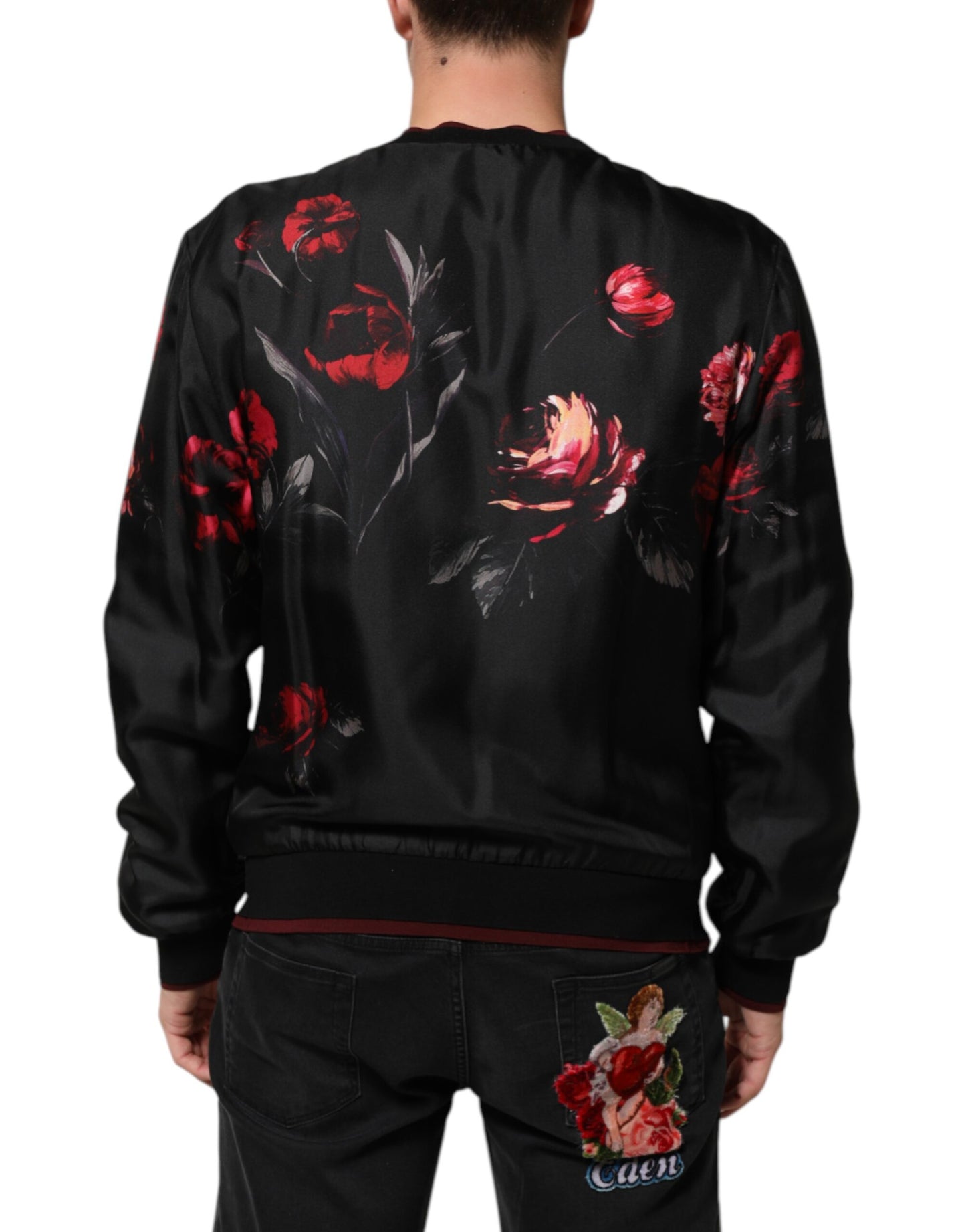 Dolce &amp; Gabbana – Bomber-Blousonjacke aus Seide mit Blumenmuster in Schwarz und Rot