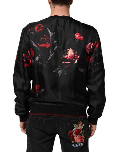 Dolce &amp; Gabbana – Bomber-Blousonjacke aus Seide mit Blumenmuster in Schwarz und Rot