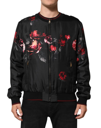 Dolce &amp; Gabbana – Bomber-Blousonjacke aus Seide mit Blumenmuster in Schwarz und Rot