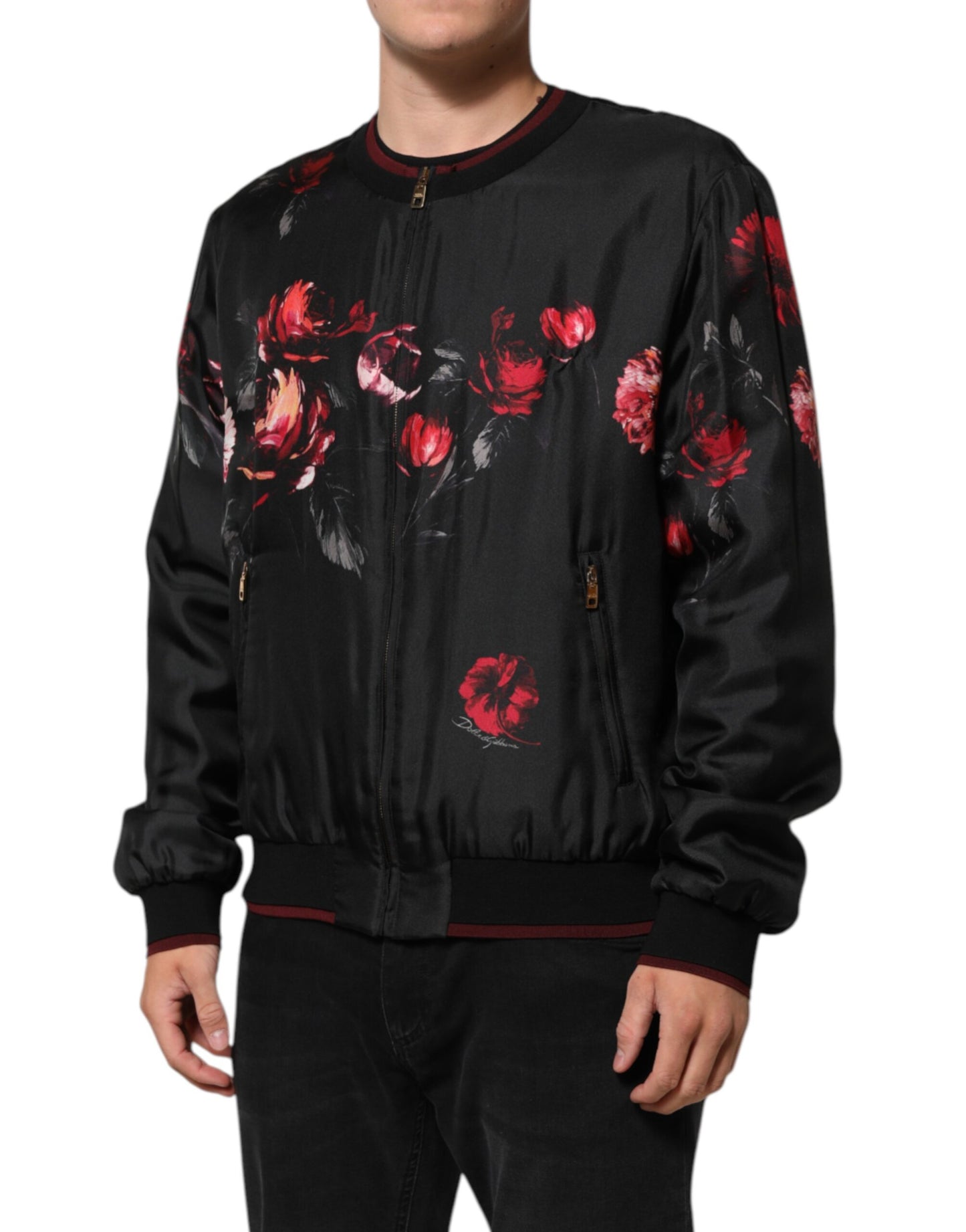 Dolce &amp; Gabbana – Bomber-Blousonjacke aus Seide mit Blumenmuster in Schwarz und Rot