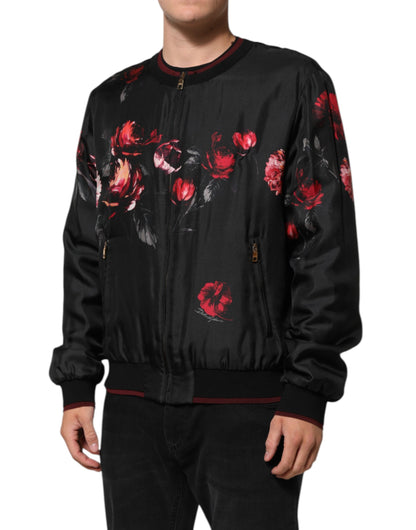 Dolce &amp; Gabbana – Bomber-Blousonjacke aus Seide mit Blumenmuster in Schwarz und Rot