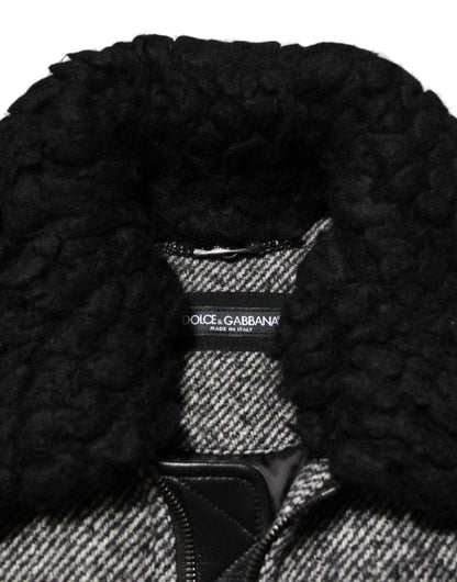 Dolce &amp; Gabbana – Bomberjacke aus grauer Wolle mit Fischgrätenmuster und Lammfellkragen