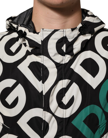 Dolce &amp; Gabbana Schwarz-Weiß-Logo-Print Kapuzenmantel Herrenjacke