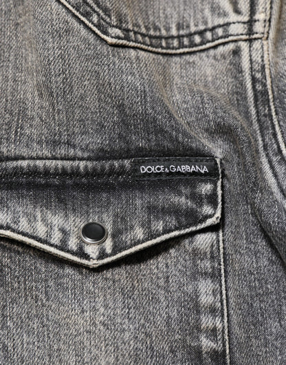 Dolce &amp; Gabbana – Freizeithemd mit langen Ärmeln und Druckknöpfen aus verwaschener Baumwolle in Schwarz