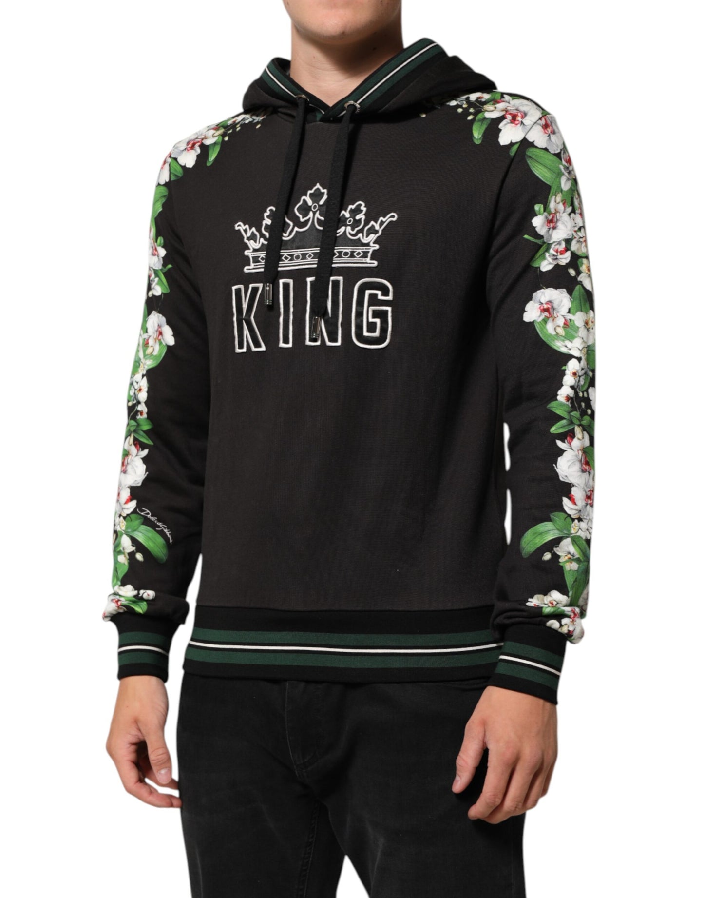 Dolce &amp; Gabbana – KING – Kapuzenpullover mit Blumenkrone und Logo in Schwarz mit Orchideenmuster