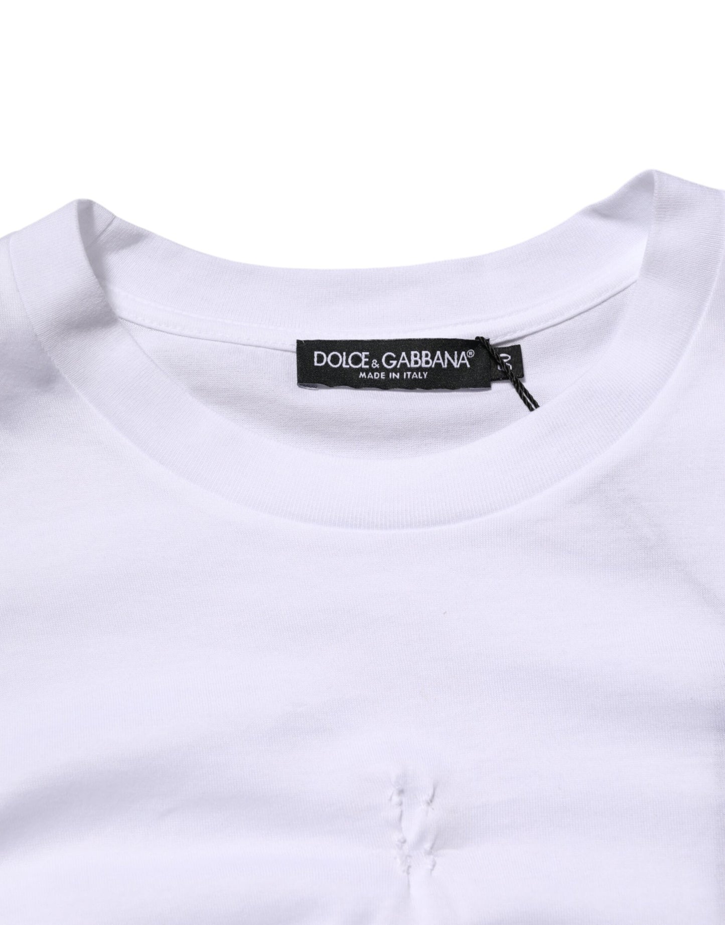 Dolce &amp; Gabbana – Weißes Herren-T-Shirt mit Rundhalsausschnitt und Logo-Patch aus Baumwolle