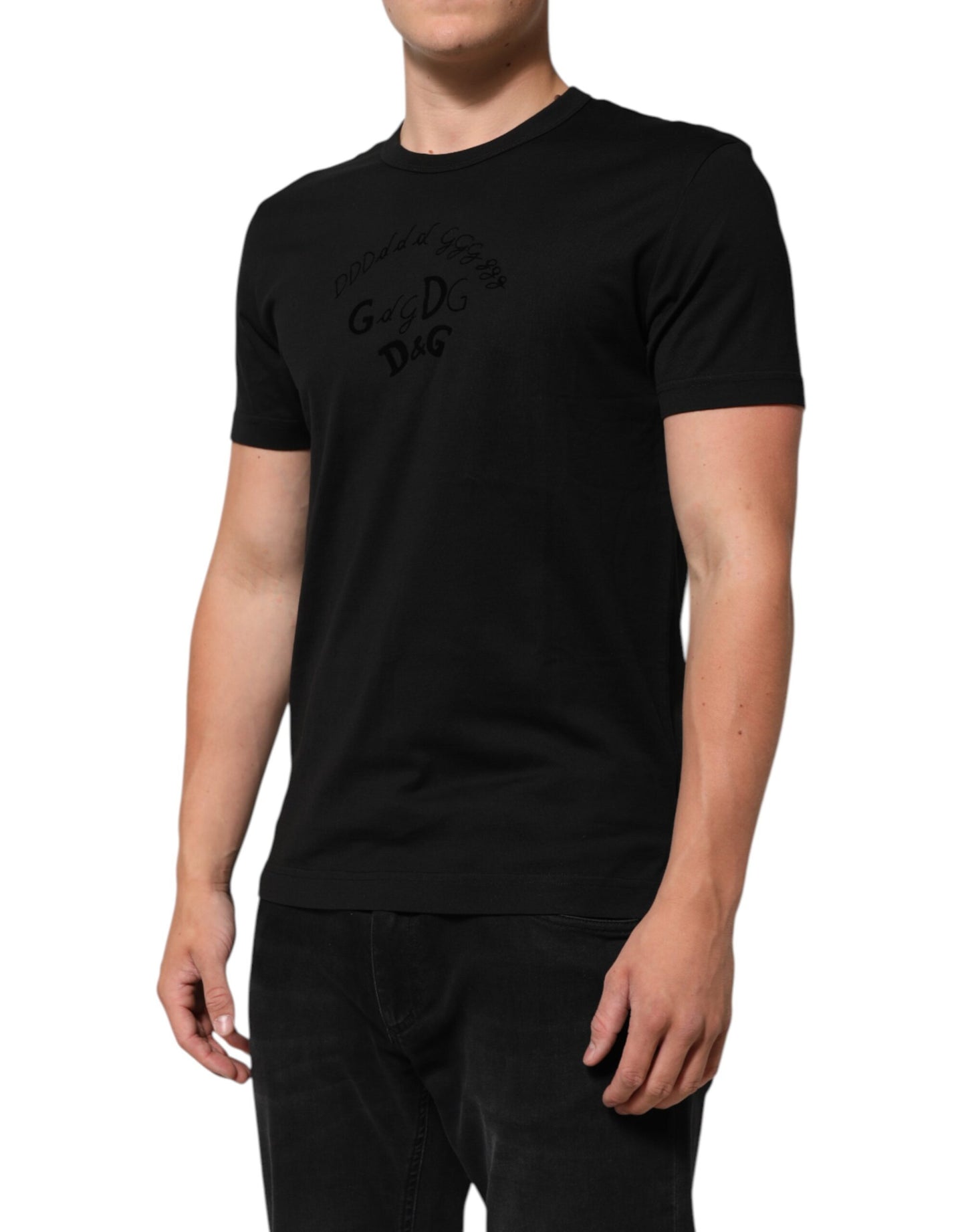 Dolce &amp; Gabbana – Schwarzes Baumwollsamt-T-Shirt mit Logo-Print für Herren