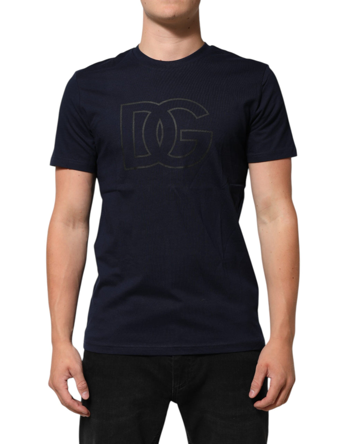 Dolce &amp; Gabbana Herren-T-Shirt aus dunkelblauer Baumwolle mit DG-Logo-Print