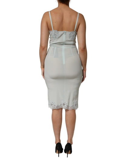 Dolce &amp; Gabbana – Hellblaues, figurbetontes Midi-Slipkleid aus Seidenspitze
