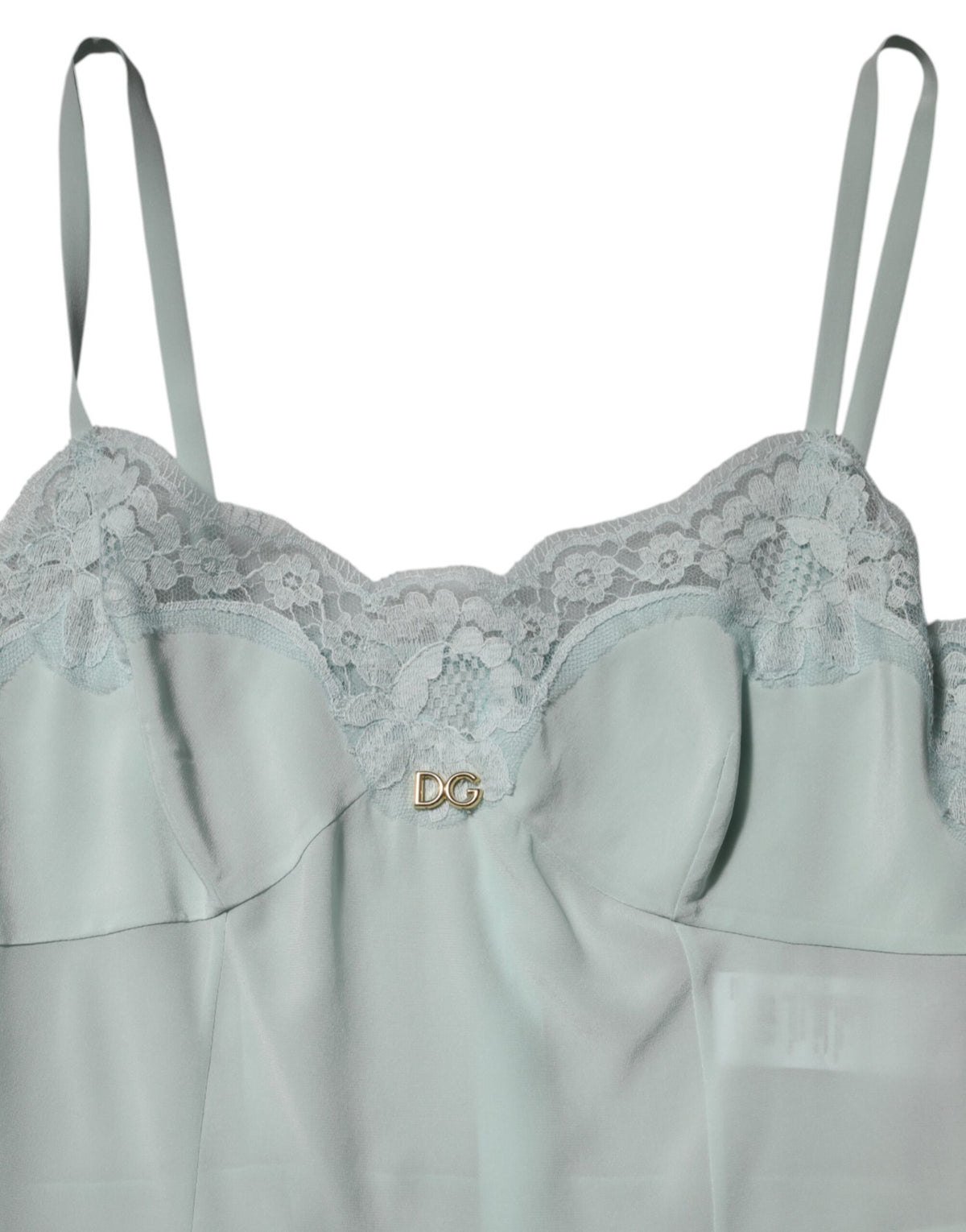Dolce &amp; Gabbana – Hellblaues, figurbetontes Midi-Slipkleid aus Seidenspitze