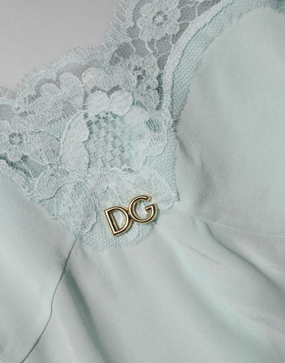 Dolce &amp; Gabbana – Hellblaues, figurbetontes Midi-Slipkleid aus Seidenspitze
