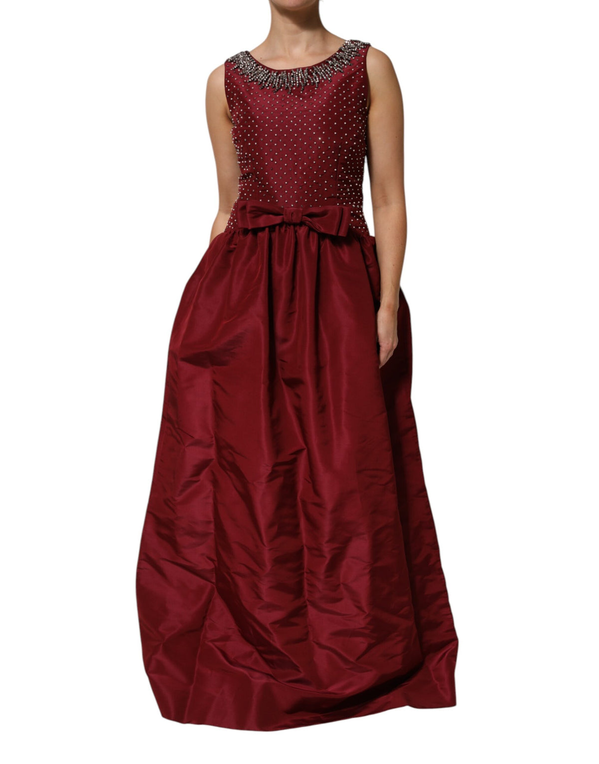 Dolce &amp; Gabbana Burgunderrotes Abendkleid aus Seide mit Perlen