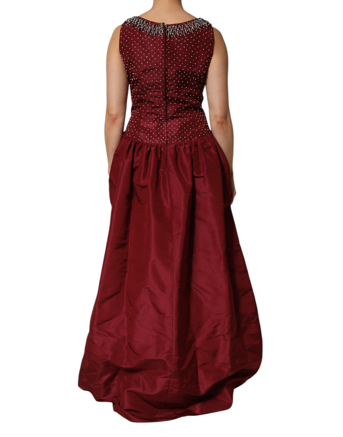 Dolce &amp; Gabbana Burgunderrotes Abendkleid aus Seide mit Perlen