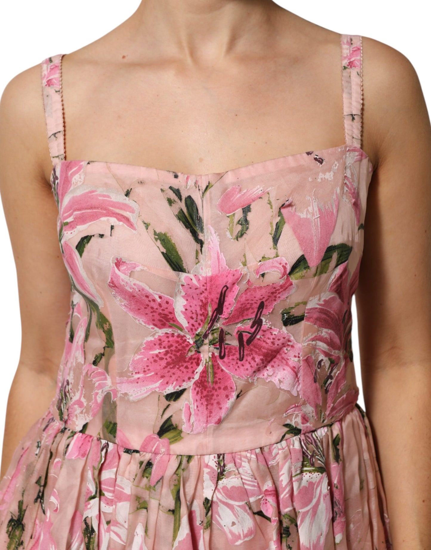 Dolce & Gabbana Pink Cotton Floral Pleated Sleeveless Dress