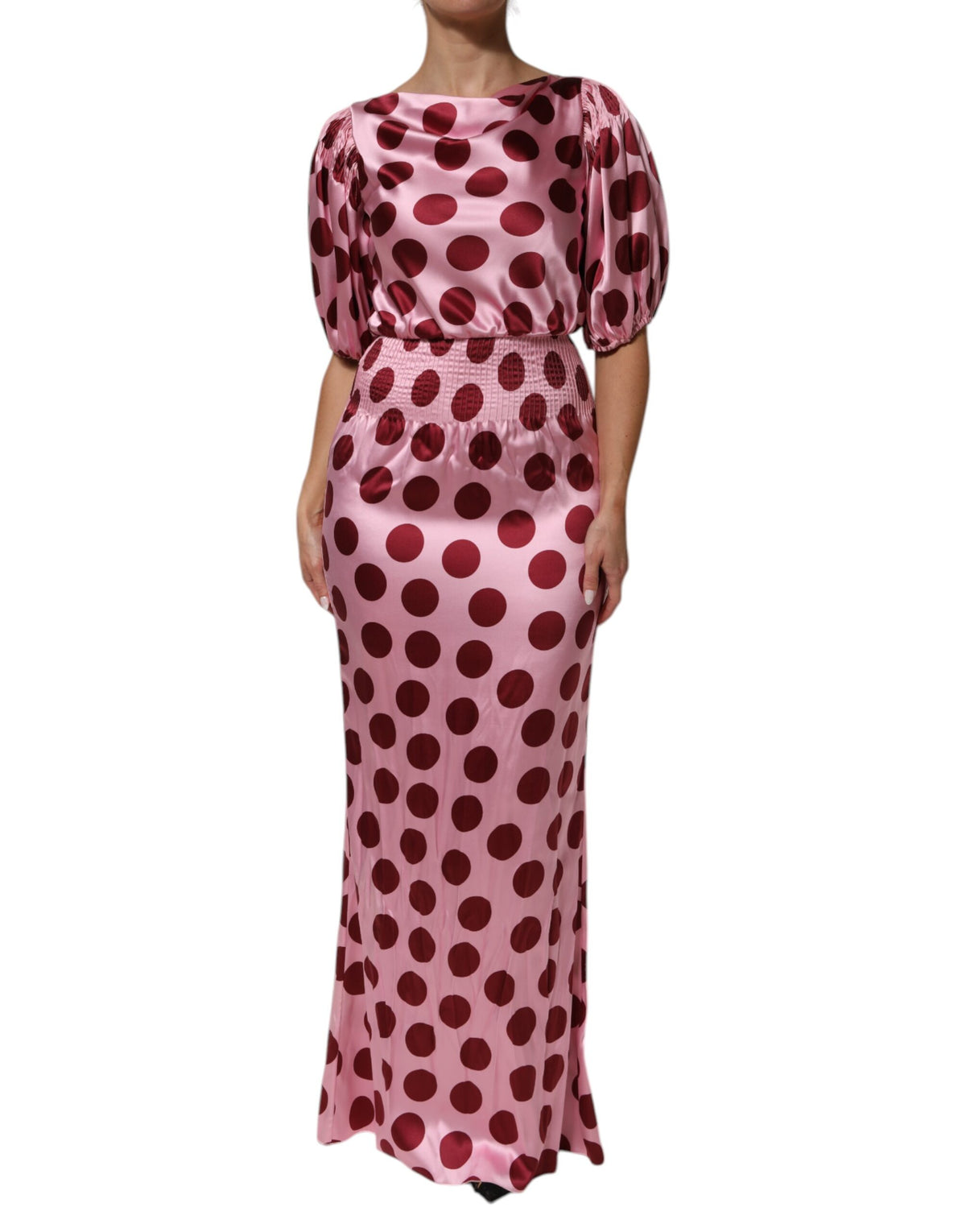 Dolce &amp; Gabbana – Maxikleid aus Seidensatin mit rosa und roten Punkten