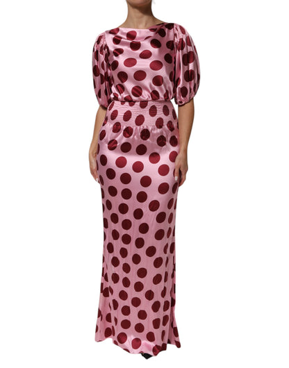 Dolce &amp; Gabbana – Maxikleid aus Seidensatin mit rosa und roten Punkten
