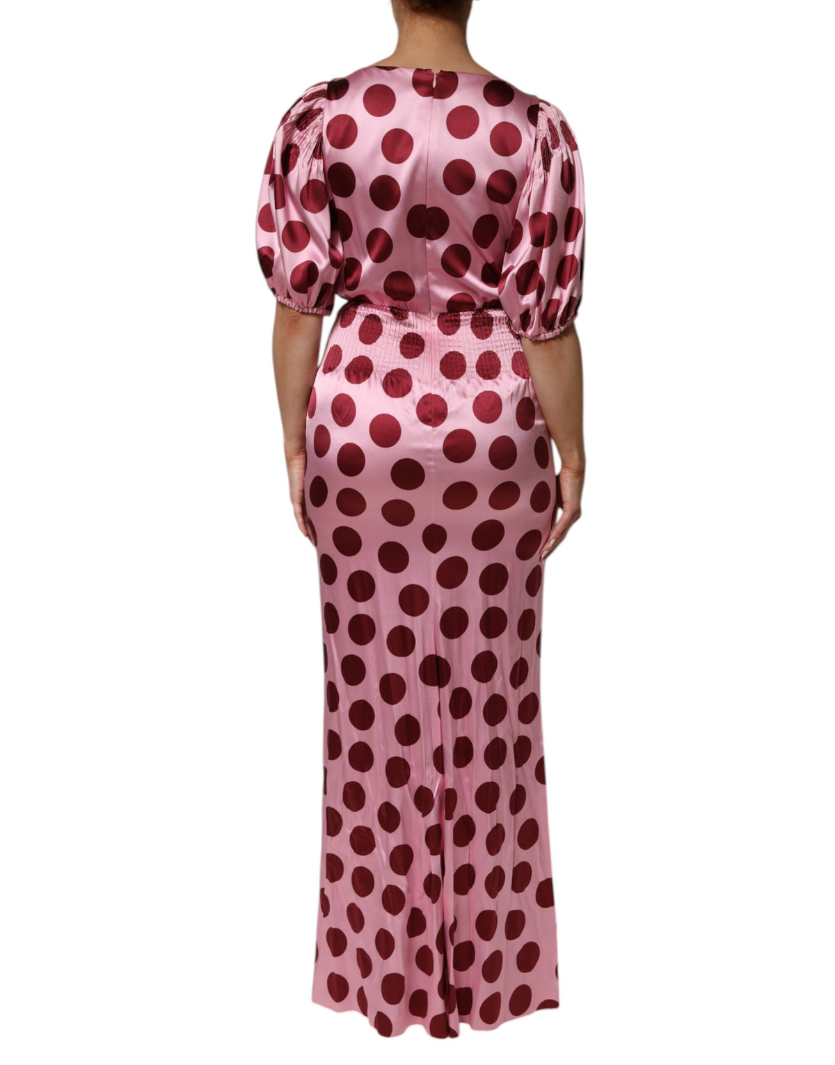Dolce &amp; Gabbana – Maxikleid aus Seidensatin mit rosa und roten Punkten