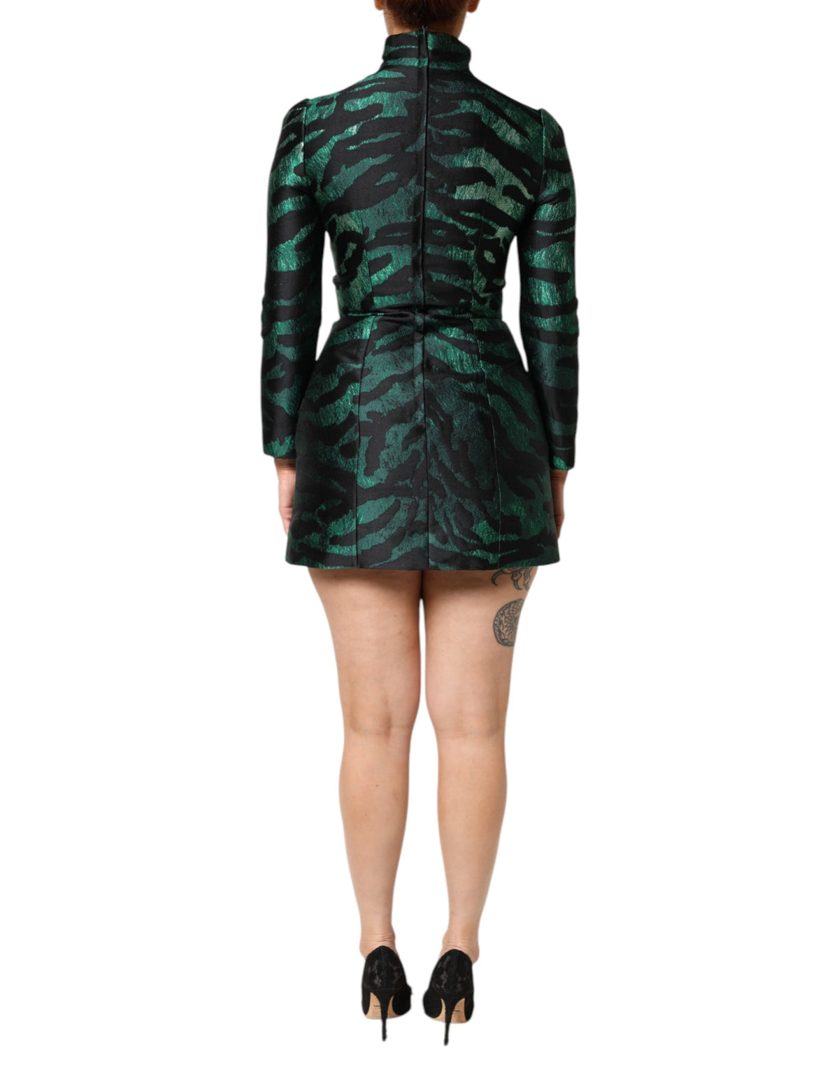 Dolce &amp; Gabbana – Schwarzes, grünes, metallisches Jacquard-Minikleid