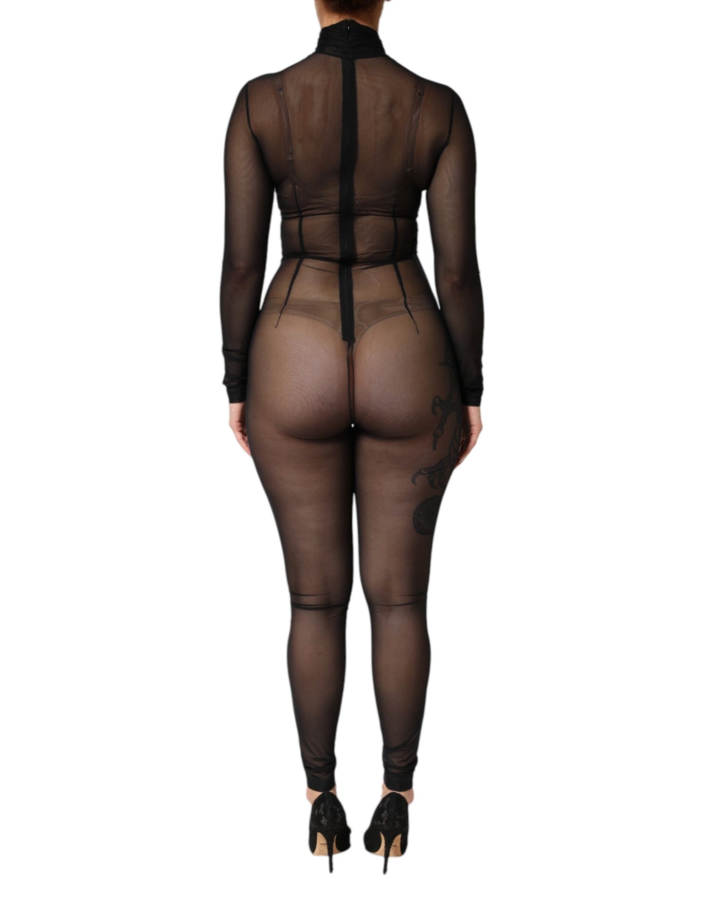 Dolce &amp; Gabbana – Langärmliger Jumpsuit-Bodysuit-Kleid aus transparentem Netzstoff in Schwarz