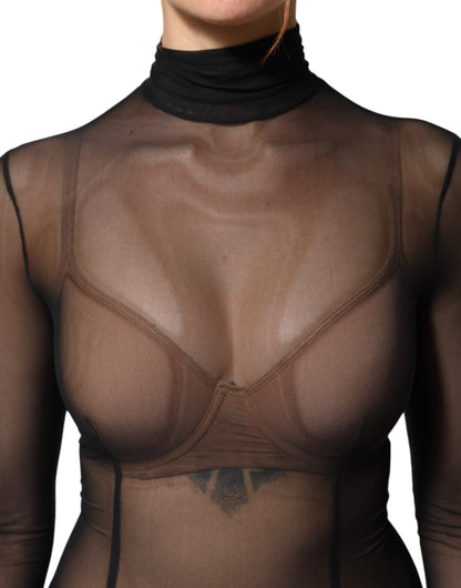 Dolce &amp; Gabbana – Langärmliger Jumpsuit-Bodysuit-Kleid aus transparentem Netzstoff in Schwarz