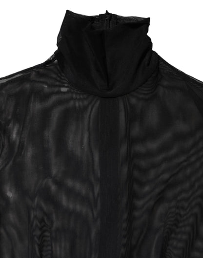 Dolce &amp; Gabbana – Langärmliger Jumpsuit-Bodysuit-Kleid aus transparentem Netzstoff in Schwarz