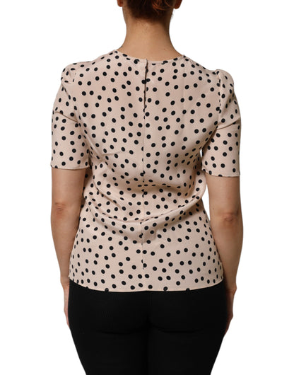 Dolce &amp; Gabbana – Kurzärmliges Seidenblusenoberteil in Beige und Schwarz mit Punkten