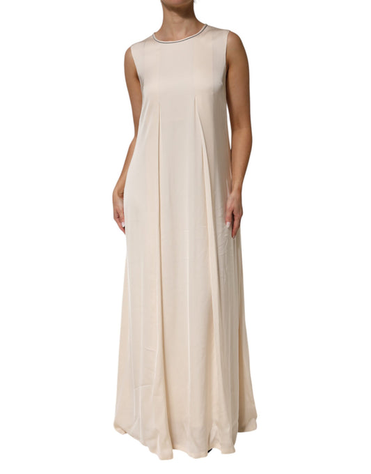 Peserico Beige Viscose Pleated Sleeveless Long Maxi Dress