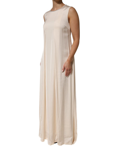Peserico Beige Viscose Pleated Sleeveless Long Maxi Dress