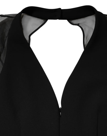 Emporio Armani – Schwarzes Minikleid mit V-Ausschnitt und transparenten Ärmeln und Gürtel