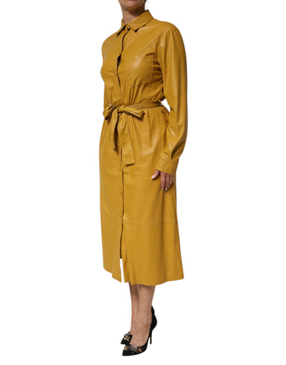 PINKO Polyester Belted Shirt Midi Long Sleeve Yellow Mustard