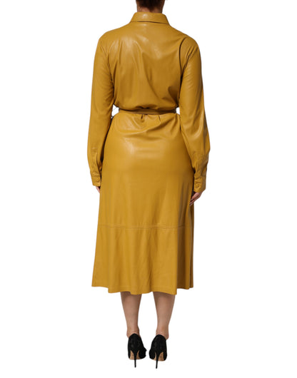 PINKO Polyester Belted Shirt Midi Long Sleeve Yellow Mustard