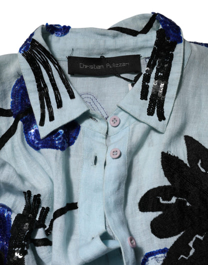 Christian Pellizzari – Blaues Maxi-Hemdkleid mit Paillettenverzierung